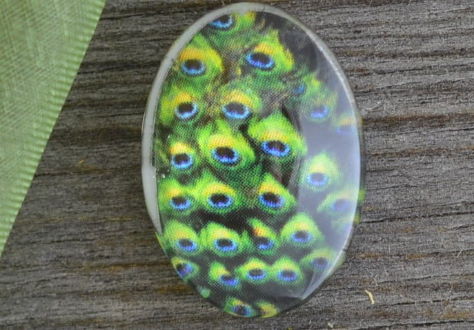 {04665} Kaboszon szklany z obrazkiem 18*13mm ptak pawie oczko