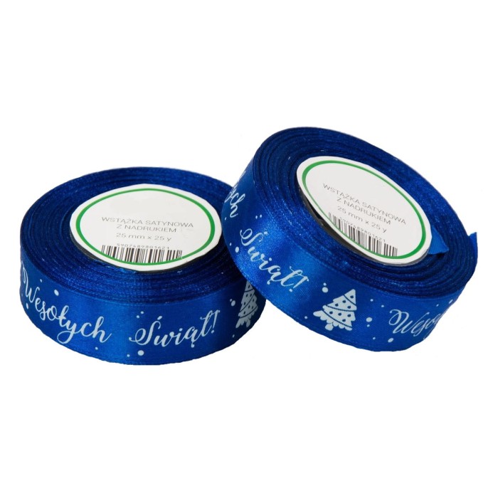 [8z25109 ] Wstążka satynowa "Wesołych Świąt!" granatowa 25mm 22mb