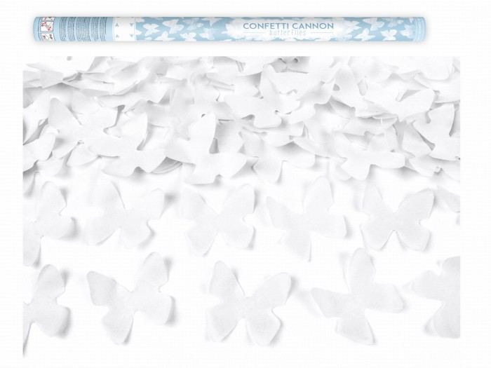 Tuba strzelająca konfetti motylki białe 80cm