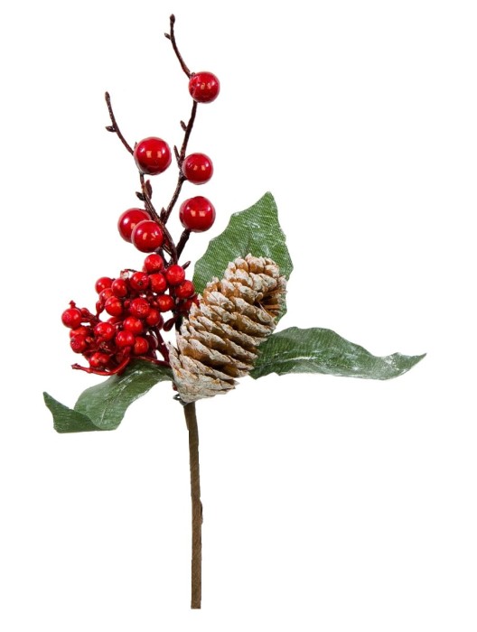 Gałązka ozdobna z szyszką i czerwonymi kuleczkami