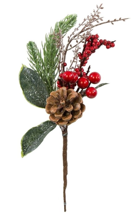 Gałązka ozdobna z szyszką i czerwonymi jagódkami