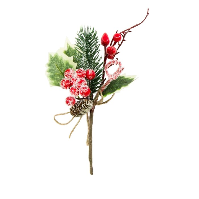 Gałązka ośnieżona z czerwonymi jagódkami i szyszką