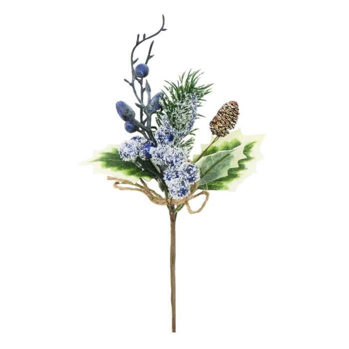 Gałązka ośnieżona z fioletowymi jagódkami i szyszką