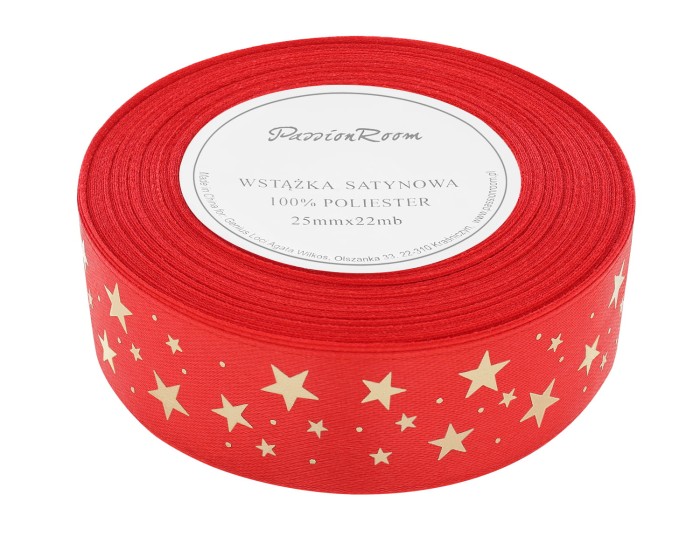 8z25505 Wstążka satynowa z nadrukiem gwiazdki czerwona 25mm 22mb
