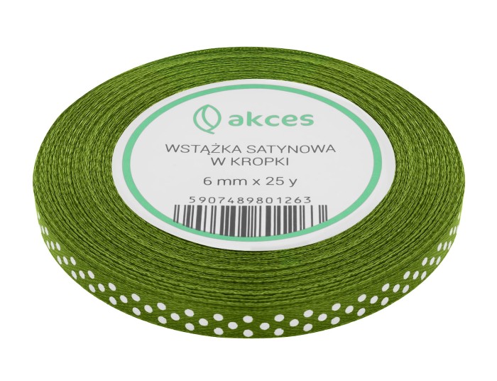 Wstążka satynowa w kropki 6mm 22mb oliwkowa