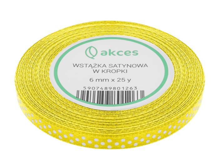 Wstążka satynowa w kropki 6mm 22mb żółta