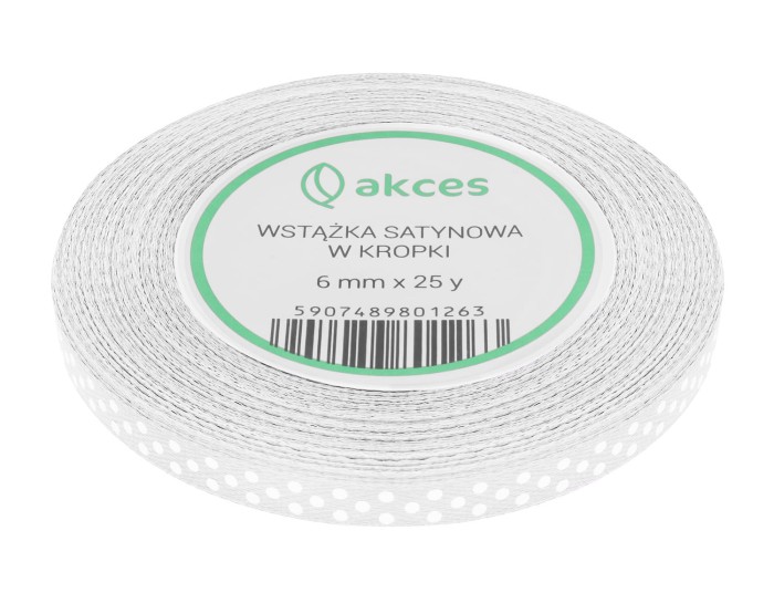 Wstążka satynowa w kropki 6mm 22mb biała