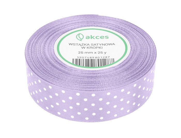 [8k25010] Wstążka satynowa w kropki 25mm lawendowa jasna