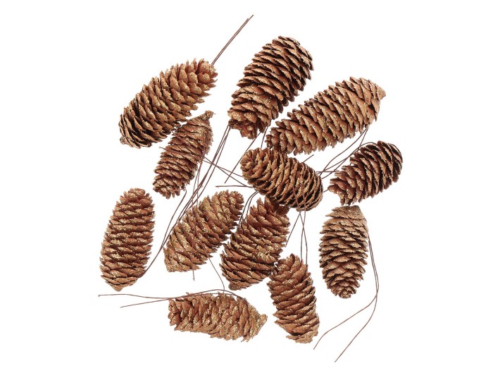 [59022] Szyszki sosnowe na druciku ze złotym brokatem 12szt