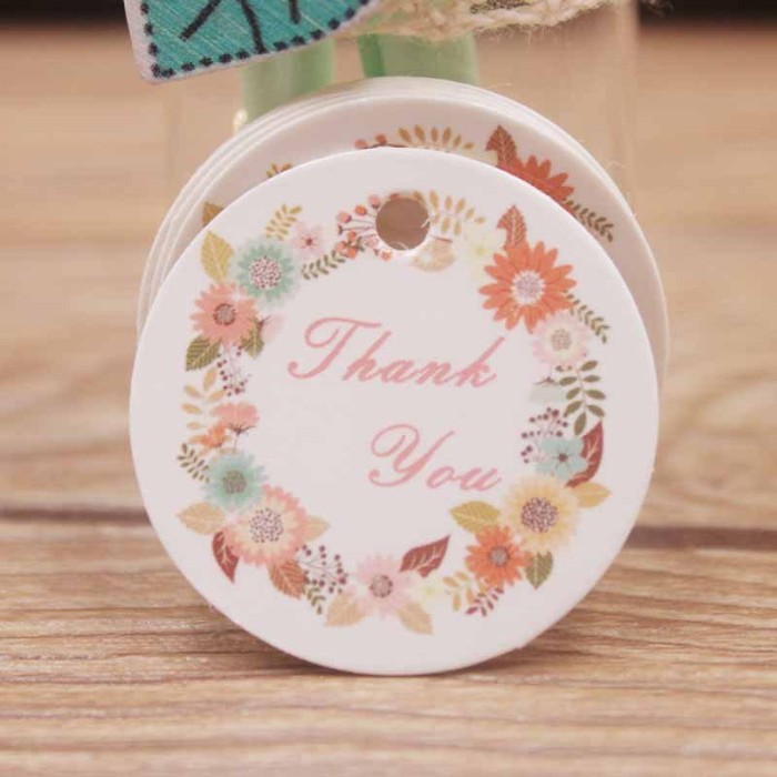 [07183] Papierowe metki okrągłe 30mm kwiaty THANK YOU 4szt