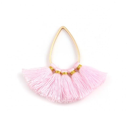 [207208] Zawieszka w kolorze złotym łezka z jasnoróżowymi frędzlami