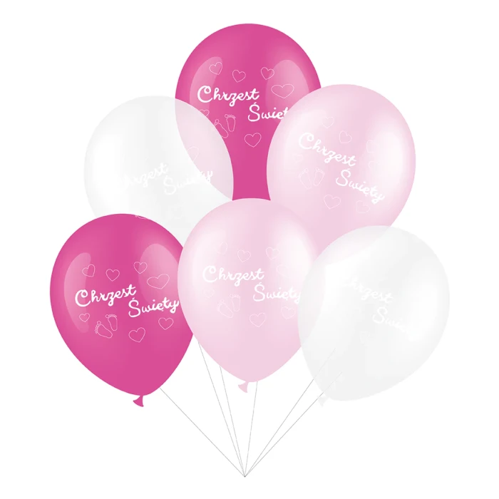 [d0384] Balony z nadrukiem Chrzest święty różowe 6szt