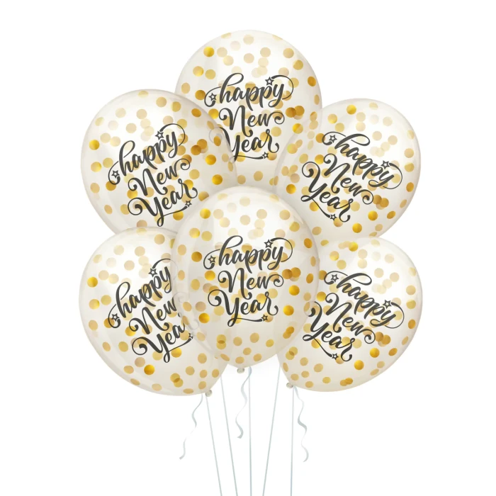 [d0397] Balony krystaliczne Happy New Year z konfetti  złote 5szt
