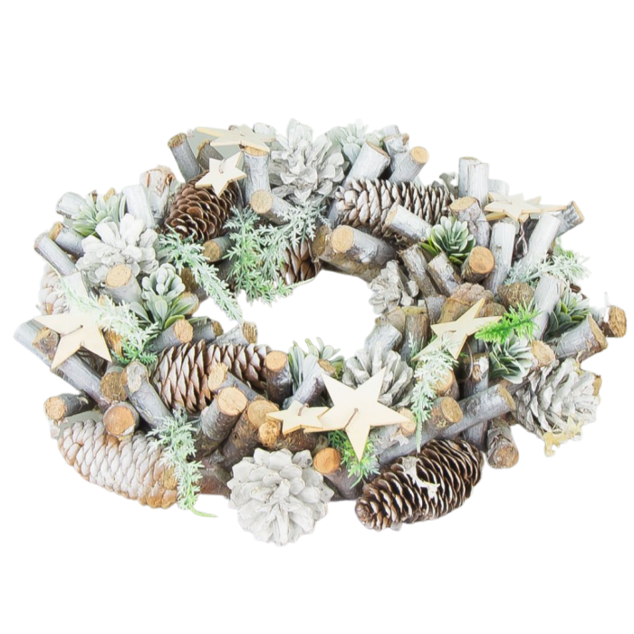 [680516] Wianek bożonarodzeniowy ośnieżony patyczki szyszki gwiazdki