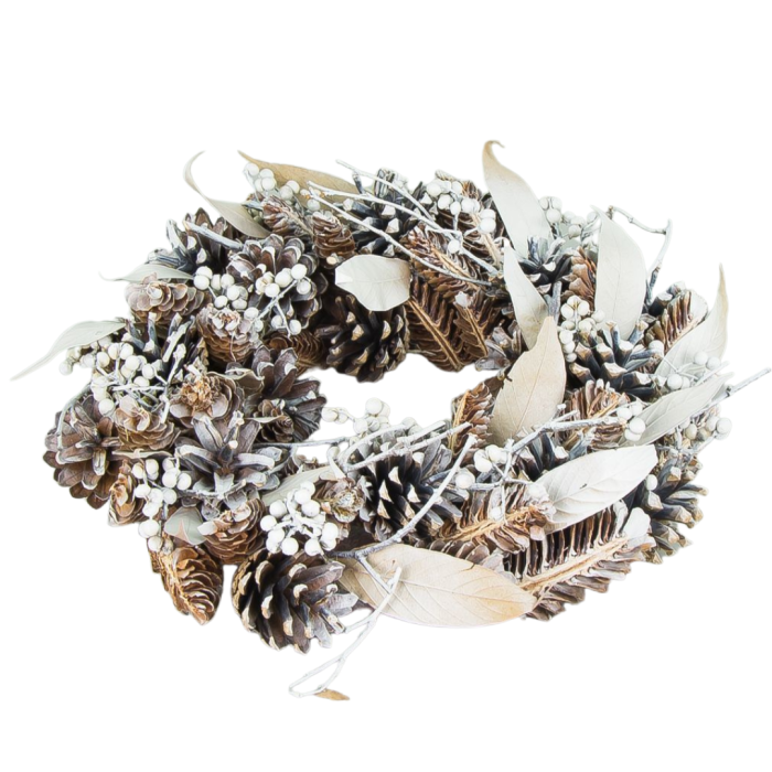 [680573] Wianek bożonarodzeniowy oszroniony szyszki i liście laurowe