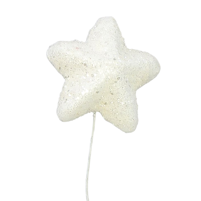 [680645] Gwiazdki brokatowe na druciku 4,5cm 6szt białe ze srebrnym brokatem