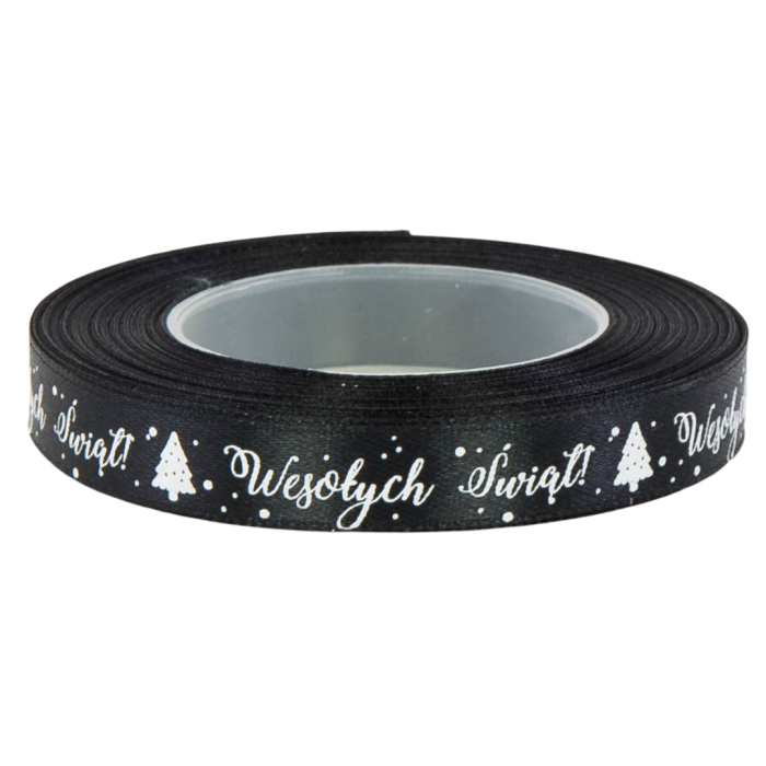[8z12016] Wstążka satynowa z nadrukiem "Wesołych Świąt" czarna 12mm 22mb
