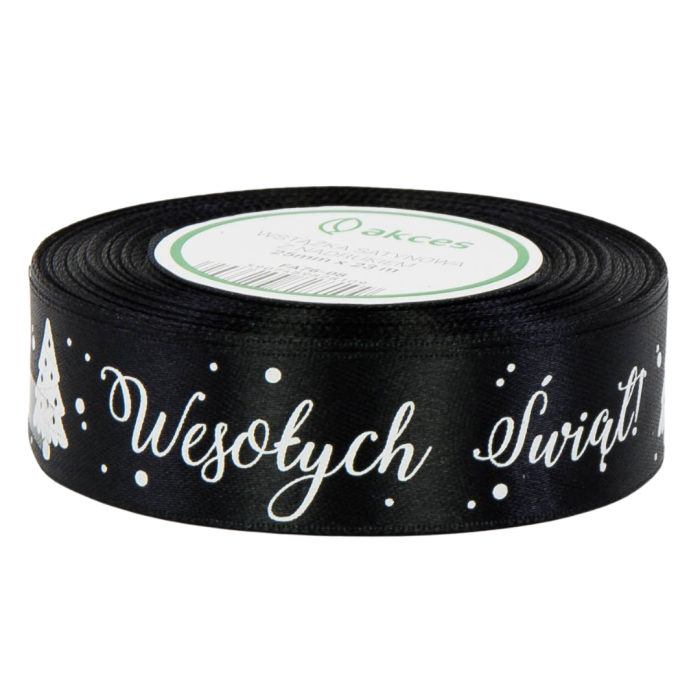 [8z25026] Wstążka satynowa z nadrukiem "Wesołych Świąt" czarna 25mm 22mb