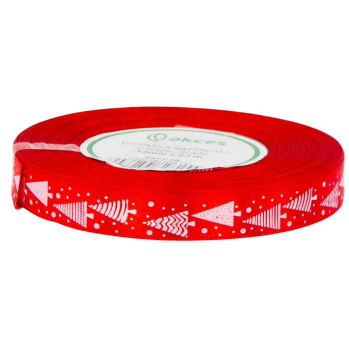 [8z12019] Wstążka satynowa z nadrukiem choinki czerwona 12mm 23mb