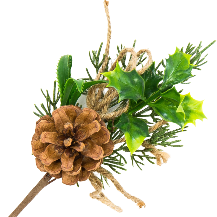 [680683] Gałązka zielona z szyszką ostrokrzewem i jutowym sznureczkiem