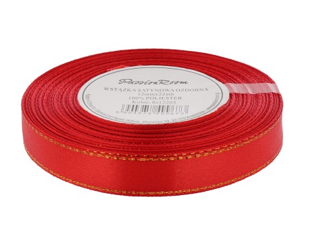 [8z12205] Wstążka satynowa 12mm 22mb  czerwona ze złotą nitką