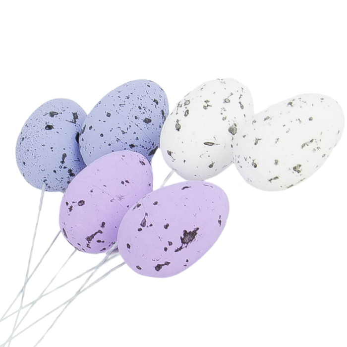 [w15002] Jajka styropianowe nakrapiane na druciku 5x7cm biało-fioletowe