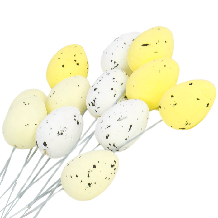 [w12527] Jajka styropianowe nakrapiane na druciku 2,5x3,5cm biało-żółte