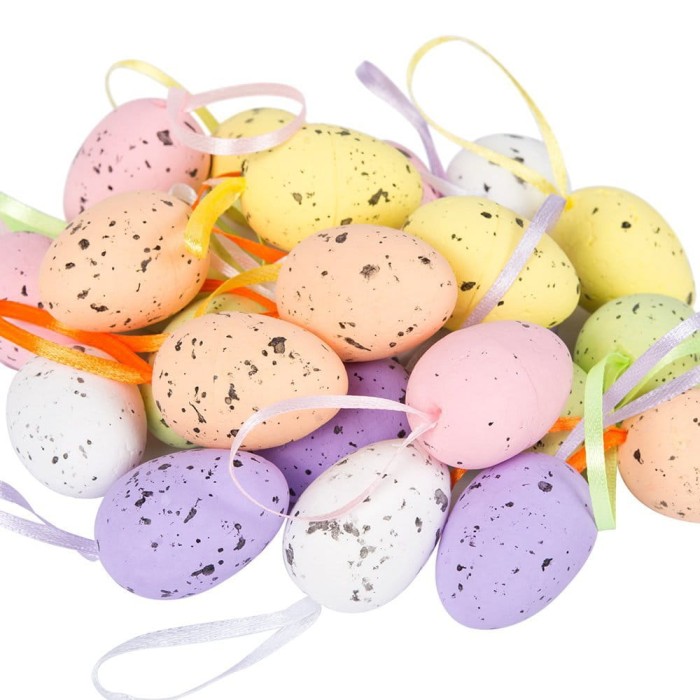 [w13001] Jajka styropianowe nakrapiane z zawieszkami 3x4cm kolorowe
