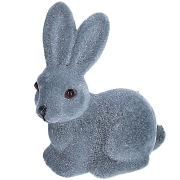 [w0396] Zając siedzący flokowany popielaty 11cm