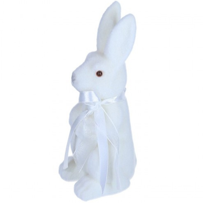 [w0394] Zając stojący flokowany kremowobiały z kokardką 18cm