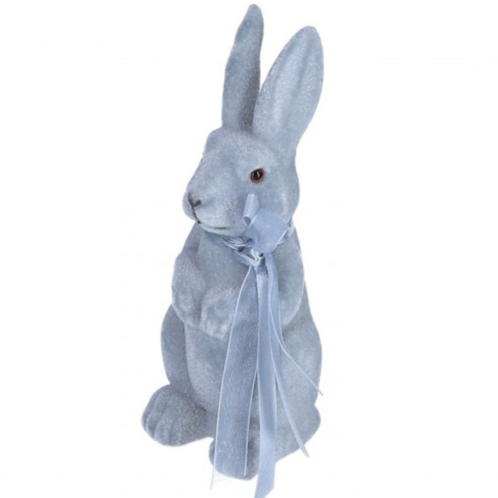 [w0393] Zając stojący flokowany popielaty z kokardką 18cm