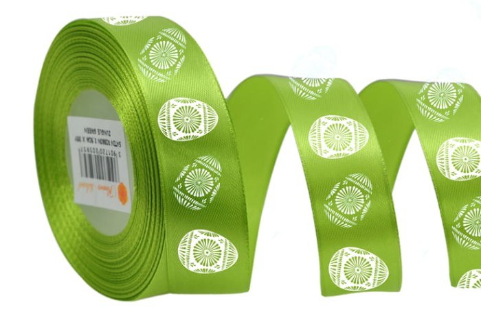 [8z25031] Wstążka satynowa z nadrukiem pisanki zielona 25mm 18mb