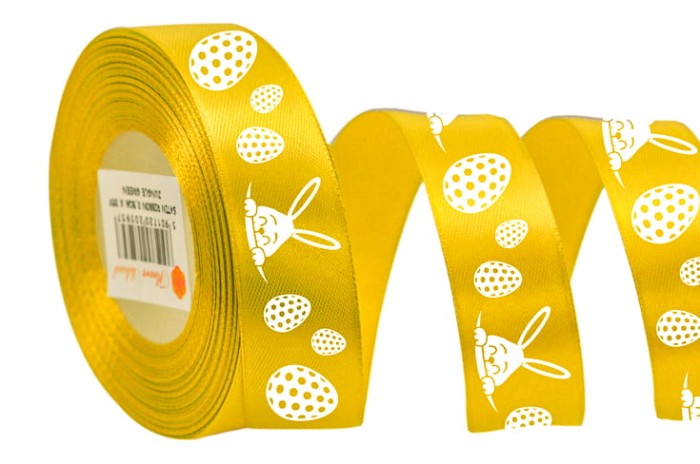 [8z25032] Wstążka satynowa z nadrukiem zając i pisanki żółta 25mm 18mb