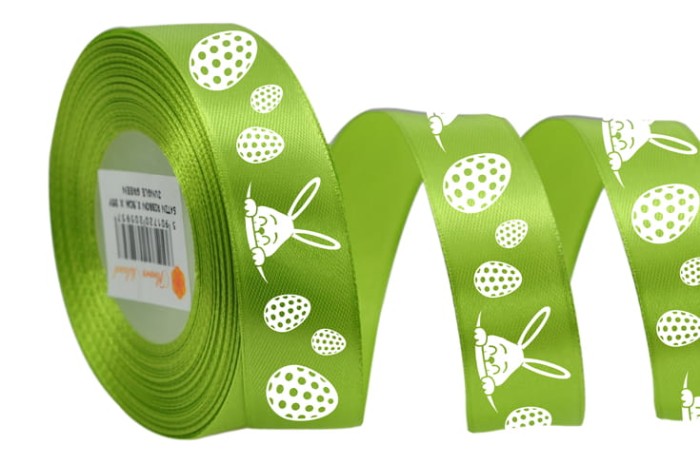 [8z25033] Wstążka satynowa z nadrukiem zając i pisanki zielona 25mm 18mb