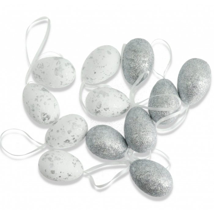 [w14016] Jajka styropianowe z zawieszkami 4x5,5cm 12szt białe-srebrne