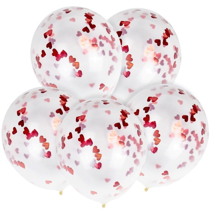 [d03007] Balony krystaliczne z konfetti serduszka czerwone 5szt