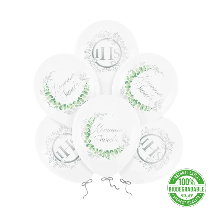 [d03010] Balony ze srebrnym nadrukiem "Komunia Święta" 6szt
