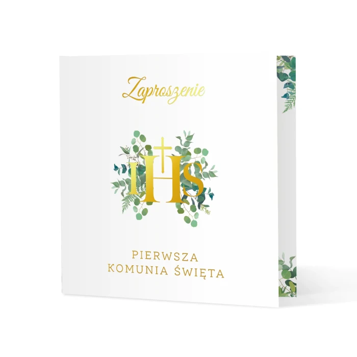 [68001] Zaproszenie IHS Pierwsza Komunia Święta złoty napis 10szt