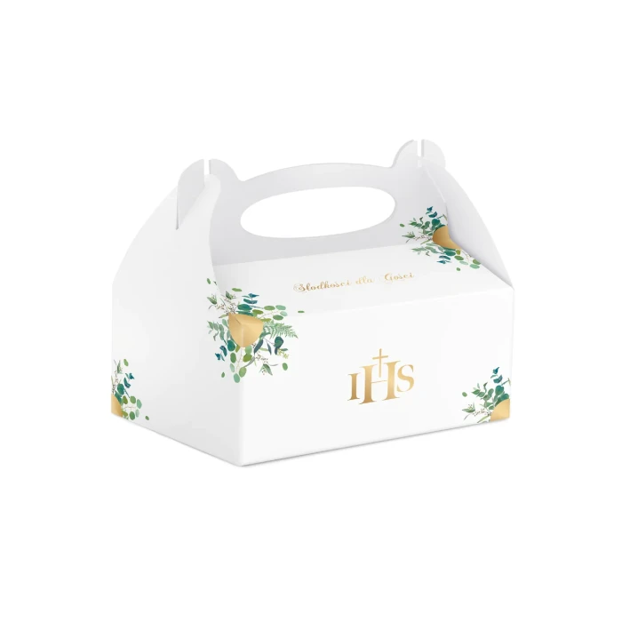 [d04085] Pudełko na ciasto IHS eukaliptus złoty napis 10szt