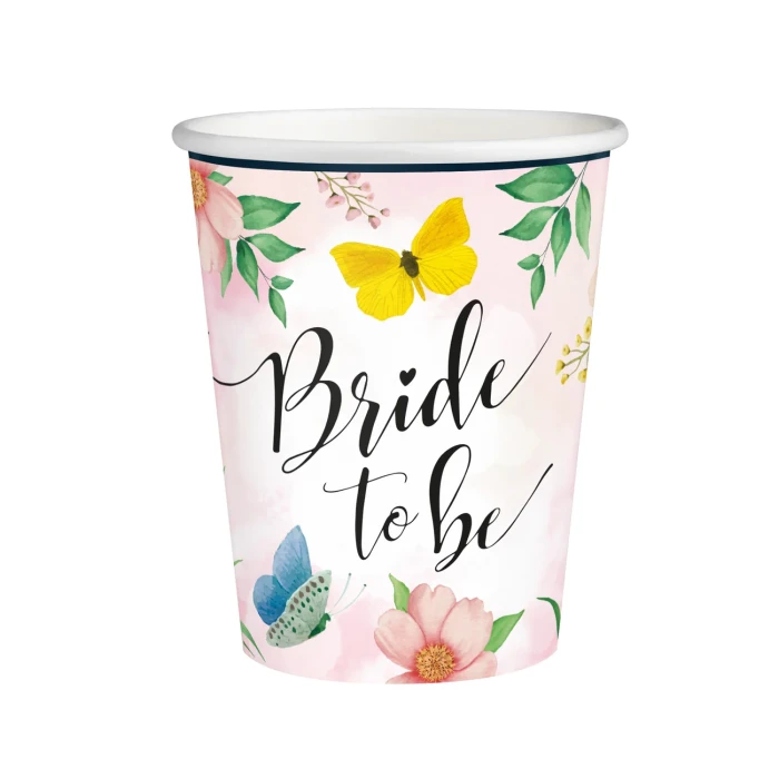 [d04082] Kubeczki papierowe różowe Bride to be kwiaty 6szt