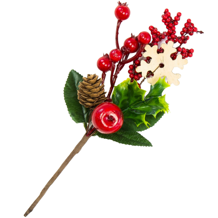 [680203] Gałązka świąteczna z szyszką, jagódkami i drewnianą śnieżynką 23cm