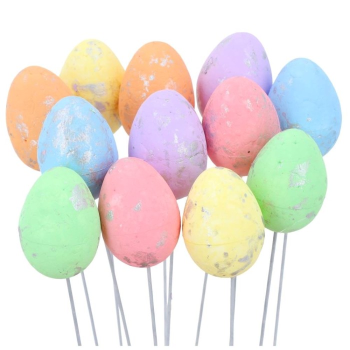 [w12532] Jajka na druciku 2,5x3,5cm kolorowe w srebrne żyłki 12szt