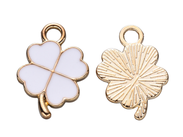 [70709] Zawieszka emaliowana czterolistna koniczynka biała 2szt