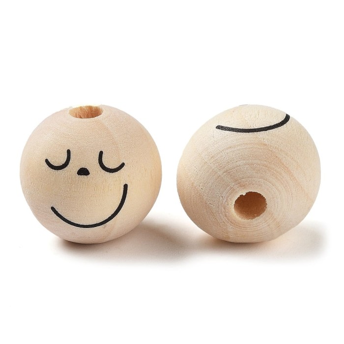 [87307] Koralik drewniany beżowy z nadrukiem uśmiech 19mm 5szt
