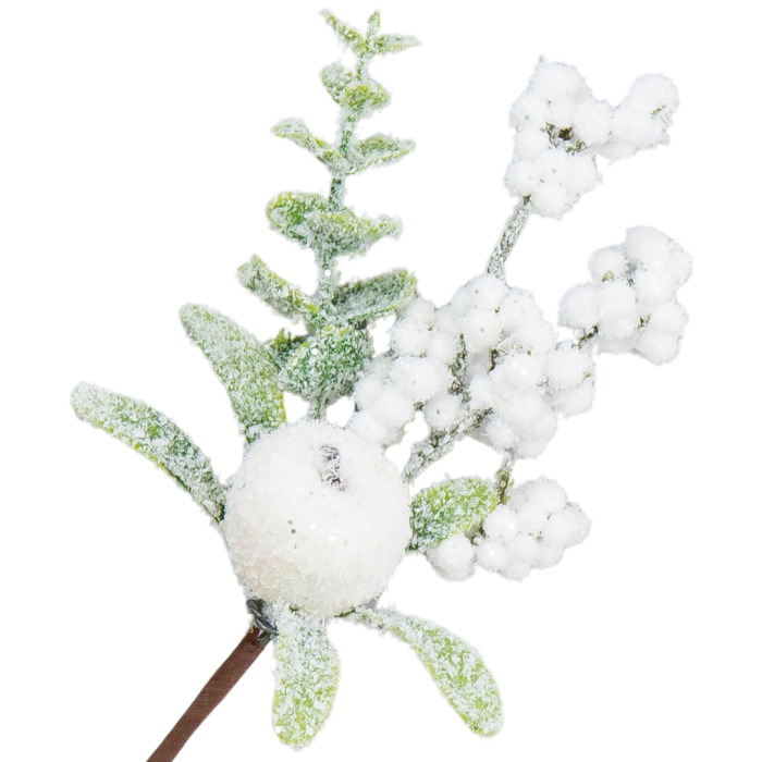 [68yc6801] Gałązka ozdobna ośnieżona z białymi kuleczkami i jabłkiem 21cm