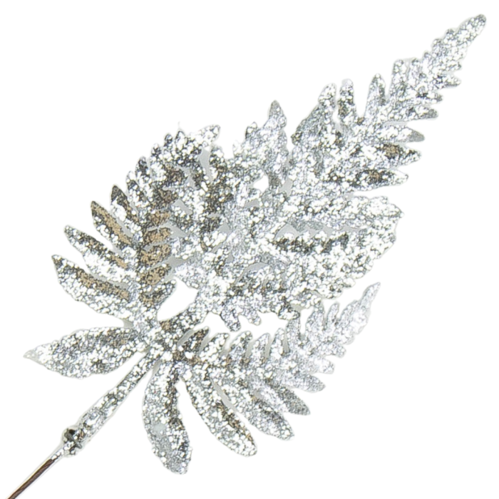[68xb4102] Gałązka brokatowa paproć 22,5cm srebrna