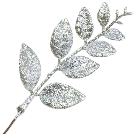 [68xb4402] Gałązka brokatowa z listkami srebrna 20cm