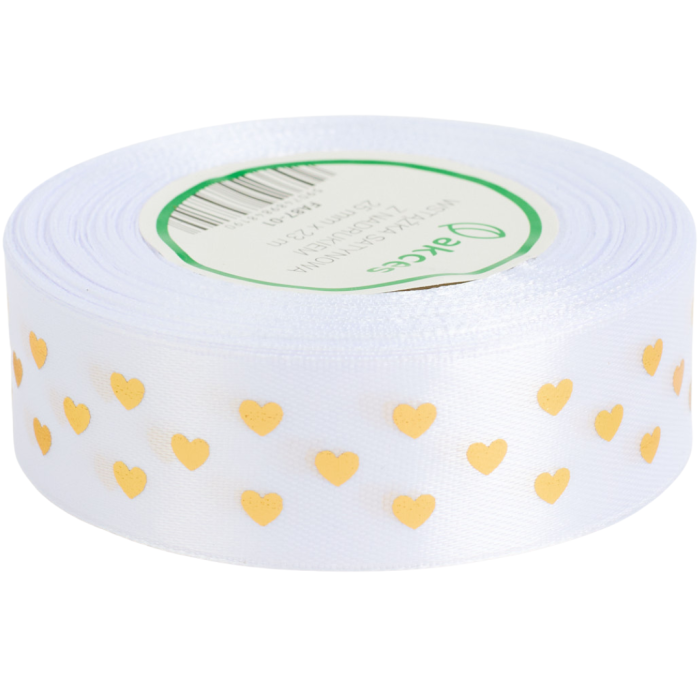 [8z25701] Wstążka satynowa ze złotym nadrukiem serduszka biała 25mm