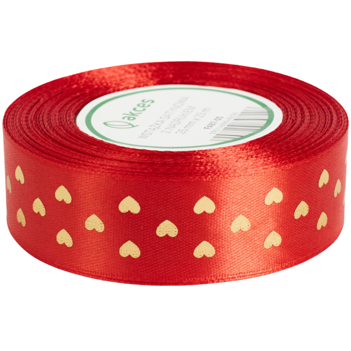 [8z25705] Wstążka satynowa ze złotym nadrukiem serduszka czerwona 25mm