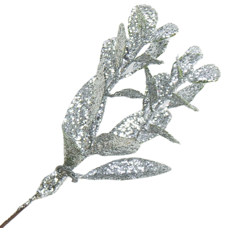 [68xb4202] Gałązka brokatowa z listkami dwie odnóżki srebrna 16,5cm